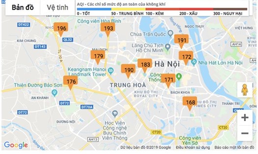 Bản đồ Chất lượng không khí Hà Nội với "màu cam" đã trở thành... đặc trưng (Ảnh VNN)