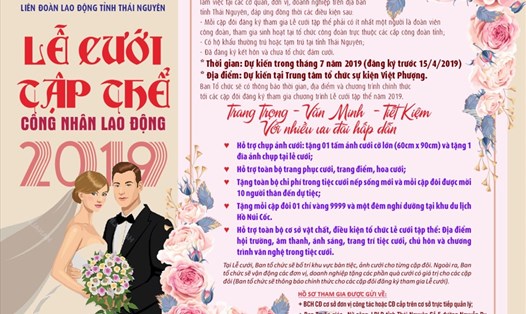 LĐLĐ tỉnh Thái Nguyên vận động được nhiều cặp đôi tham gia lễ cưới tập thể lần đầu tiên được tổ chức tại tỉnh này.  Ảnh: P.V