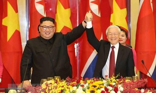 Tổng Bí thư, Chủ tịch Nước Nguyễn Phú Trọng chủ trì tiệc chiêu đãi Chủ tịch Triều Tiên Kim Jong-un nhân chuyến thăm hữu nghị chính thức Việt Nam, ngày 1.3.2019. Ảnh: TTXVN