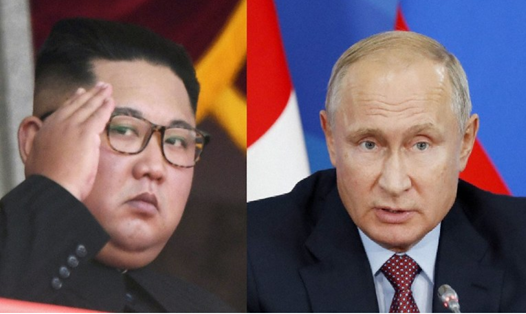 Chủ tịch Triều Tiên Kim Jong-un (trái) và Tổng thống Nga Vladimir Putin. Ảnh: Kyodo. 
