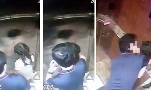 Hình ảnh trích xuất camera thang máy ghi lại hành động sàm sỡ bé gái của ông Nguyễn Hữu Linh.