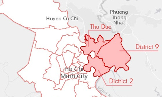 Bản đồ khu đô thị phía đông TPHCM (màu đỏ) gồm quận 2, quận 9 và quận Thủ Đức.