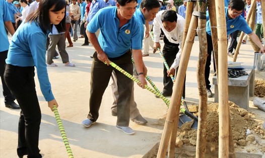 Đồng chí Hoàng Thị Như Thanh (trái) - Chủ tịch LĐLĐ TP. Huế  tham gia trồng cây xanh.