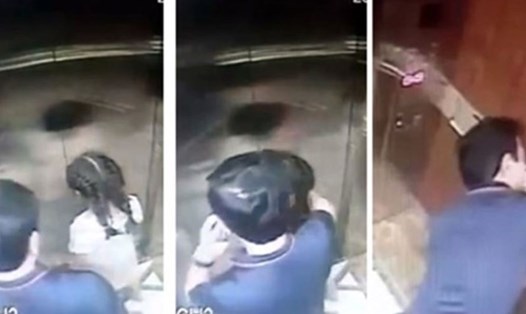 Bị can Nguyễn Hữu Linh có hành vi dâm ô bé gái trong thang máy. Ảnh cắt từ clip