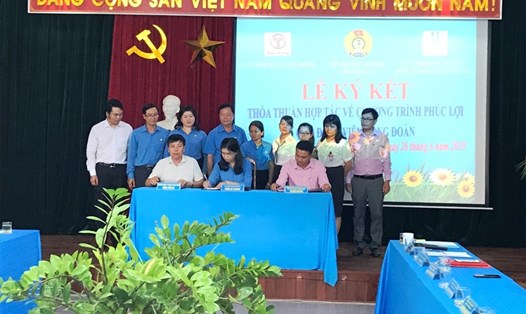 Chủ tịch LĐLĐ tỉnh Gia Lai - bà Trần Lệ Nhung (giữa) ký kết hợp tác với đại diện hai công ty. Ảnh Song Hân