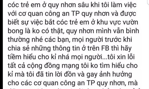 Chủ tài khoản Troc Moi Tran đăng lên Facebook xin lỗi. Ảnh: Chụp màn hình.