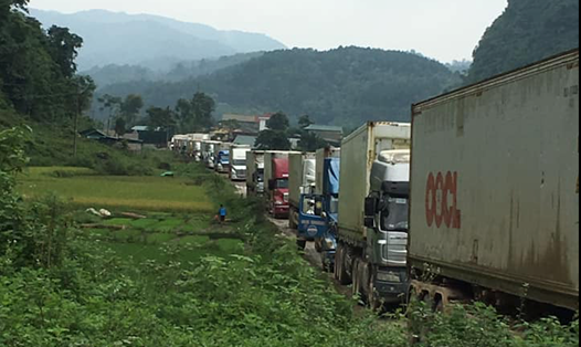 Hàng trăm xe container ùn tắc kéo dài nhiều km trên đường vào cửa khẩu Lý Vạn. Ảnh LN.