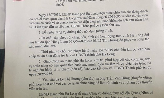 Công văn hỏa tốc của UBND TP.Hạ Long đề nghị dừng hoạt động đối với tàu QN – 6096. Ảnh: Nguyễn Hùng
