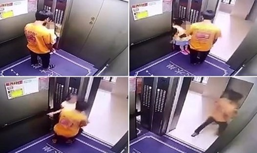 Khoảnh khắc shipper bế bé gái đi 1 mình ra khỏi thang máy với ý định lạm dụng. Ảnh: Mail.