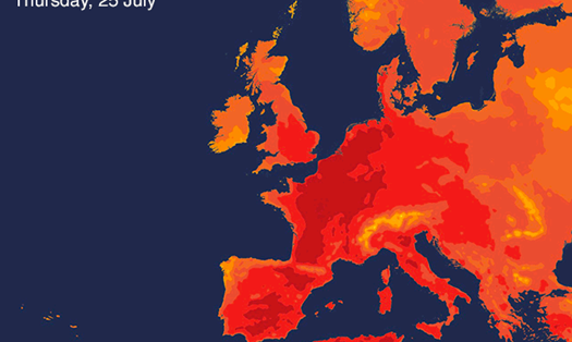 Bản đồ dự báo nhiệt độ Châu Âu ngày 25.7. Ảnh: BBC.