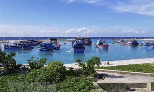 Tàu cá của ngư dân vào neo đậu tránh trú bão ở âu tàu Sinh Tồn, huyện đảo Trường Sa. Ảnh: TTXVN.