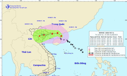 Vị trí và đường đi của bão số 3 Wipha. Ảnh: nchmf.gov.vn.