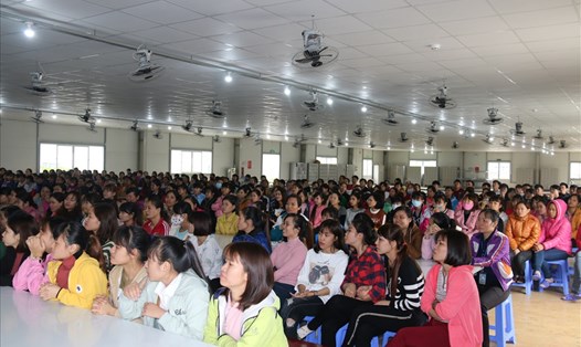 BHXH tỉnh Ninh Bình tuyên truyền các nội dung liên quan đến BHXH, BHTN, BHYT cho người lao động. Ảnh: NT