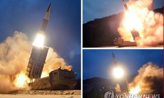 Vụ phóng tên lửa ngày 11.8.2019 của Triều Tiên. Ảnh: KCNA/Yonhap