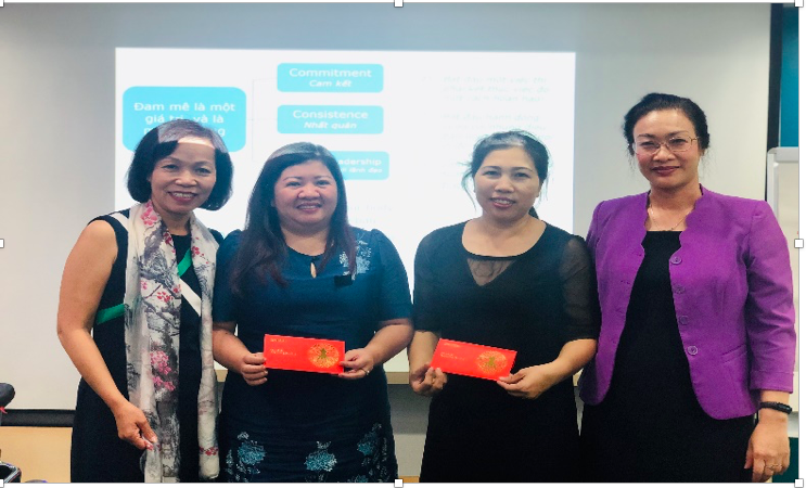 Bà Hà Thu Thanh, Chủ tịch HĐTV Cty TNHH Deloitte Việt Nam (bên trái) và bà Phạm Thanh Bình (ngoài cùng bên phải) Chủ tịch CĐYT Việt Nam (bên trái) trao phần thưởng cho các đội tham gia tích cực. Ảnh:  CĐ Y tế VN