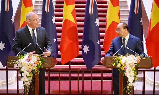 Thủ tướng Nguyễn Xuân Phúc và Thủ tướng Scott Morrison họp báo. Ảnh: Dương Quốc Bình