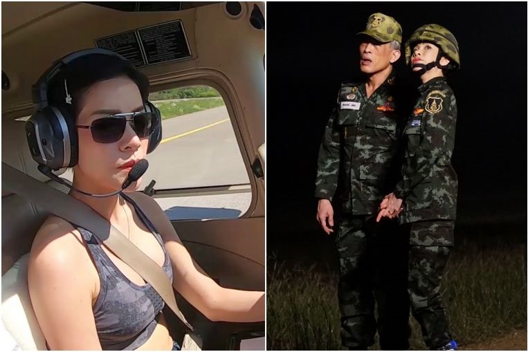Nhà vua Thái Lan và hoàng quý phi nắm chặt tay nhau (ảnh phải) và Hoàng quý phi Sineenat Wongvajirapakdi khỏe khoắn trong trang phục crop-top. Ảnh: TRO/AFP