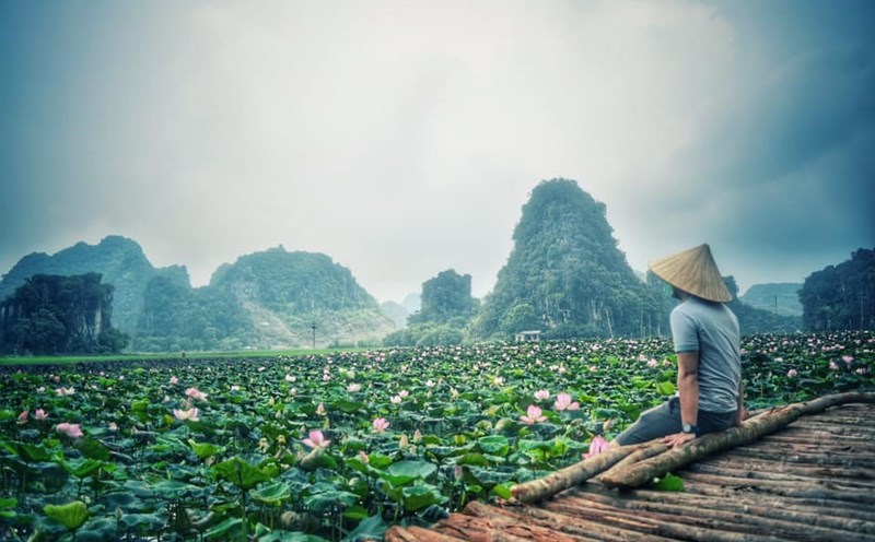 Đầm sen nở rộ khi tiết trời đã vào thu ở Ninh Bình đang được giới trẻ yêu thích.