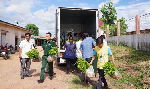 Cán bộ, chiến sĩ và người dân tặng cây giống cho người dân nước bạn Lào. Ảnh: TH