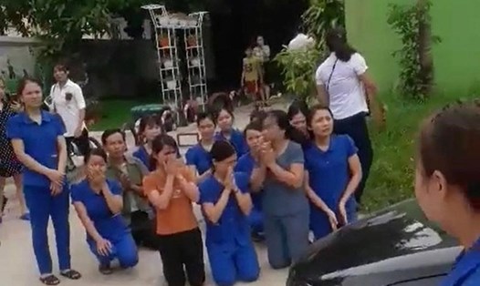 Giáo viên mầm non ở Nghệ An quỳ lạy đoàn công tác để xin được giữ trường. Ảnh cắt từ clip