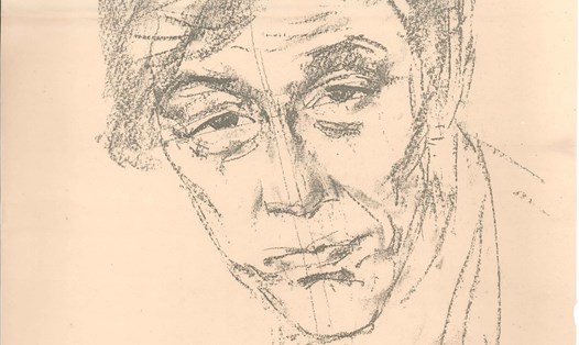 Chân dung NSND Sỹ Tiến - ảnh và ký họa của họa sĩ, điêu khắc gia Diệp Minh Châu (1919 - 2002, Giải thưởng Hồ Chí Minh đợt 1996) vẽ năm 1975, mừng Sỹ Tiến tuổi 60.