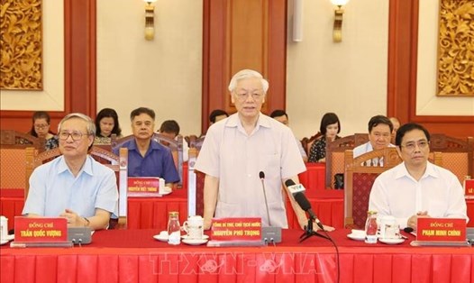 Tổng Bí thư, Chủ tịch Nước Nguyễn Phú Trọng, Trưởng Tiểu ban Văn kiện Đại hội XIII của Đảng, chủ trì Hội nghị. Ảnh: TTXVN.