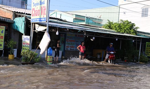Nhà của người dân ở bên Quốc lộ 1A đoạn qua tỉnh Vĩnh Long bị ngập nước.