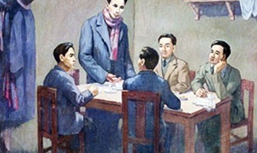 Hội nghị thành lập Đảng Cộng sản Việt Nam ngày 3/2/1930. Ảnh chụp lại tranh của họa sĩ Phi Hoanh tại Bảo tàng Lịch sử Quốc gia. Nguồn: dangcongsan.vn