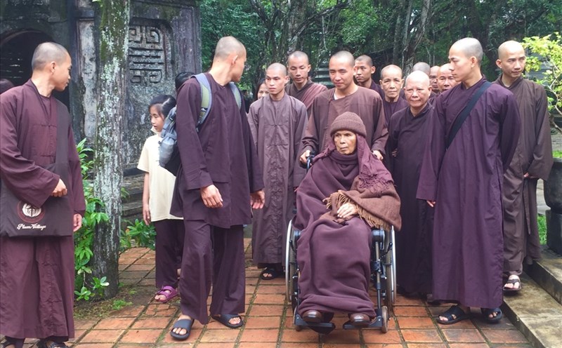 Thiền sư Thích Nhất Hạnh (ngồi xe lăn) cùng các tăng ni, Phật tử trong một buổi thiền hành tại chùa Từ Hiếu. Ảnh: Phúc Đạt.