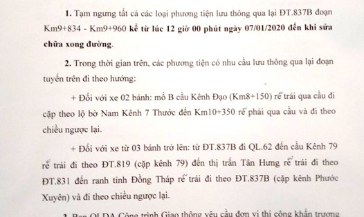 Văn bản thông báo tạm ngừng lưu qua Đường tỉnh 837B của ngành GTVT Long An. Ảnh: K.Q