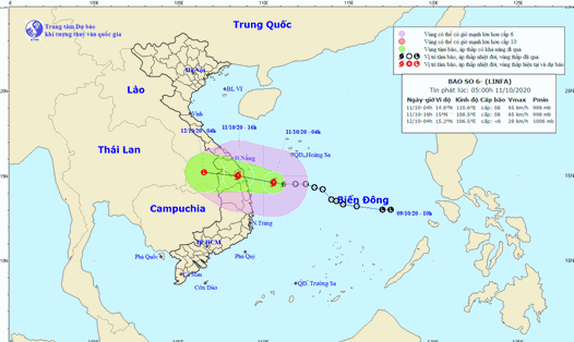 Vị trí và đường đi của bão số 6. Ảnh: Trung tâm Dự báo KTTV Quốc gia.