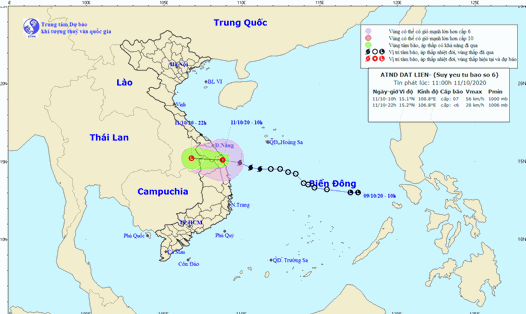 Vị trí và đường đi của áp thấp nhiệt đới suy yếu từ bão số 6. Ảnh: Trung tâm Dự báo KTTV Quốc gia.
