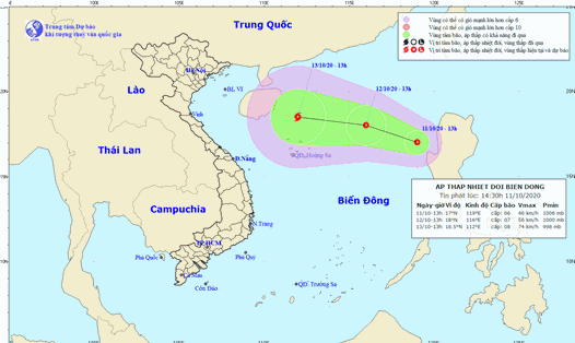 Vị trí và đường đi của áp thấp nhiệt đới mới trên Biển Đông. Ảnh: Trung tâm Dự báo KTTV Quốc gia.