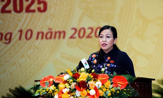 Bà Nguyễn Thanh Hải - Bí thư Tỉnh uỷ Thái Nguyên nhiệm kỳ 2015-2020 phát biểu diễn văn khai mạc Đại hội. Ảnh BTN
