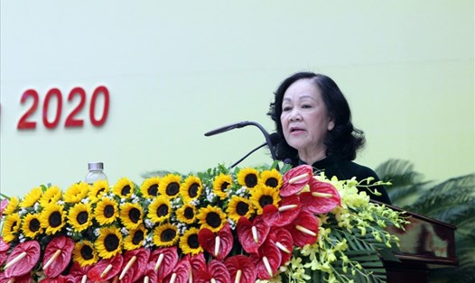 Bà Trương Thị Mai-Trưởng ban Dân vận Trung ương phát biểu tại Đại hội đại biểu Đảng bộ tỉnh Quảng Nam lần thứ XXII. Ảnh: Thanh Chung
