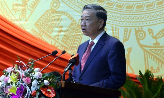 Đại tướng Tô Lâm, Ủy viên Bộ Chính trị, Bộ trưởng Bộ công an phát biểu chỉ đạo tại Đại hội. Ảnh: BĐBP