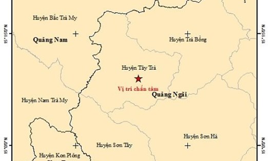Vị trí tâm chấn của trận động đất thứ 2 xảy ra ở huyện Tây Trà. Ảnh: Viện Vật lý Địa cầu