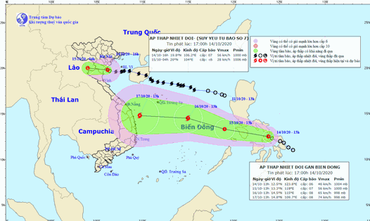 Vị trí và đường đi của áp thấp nhiệt đới (phía trên) suy yếu từ bão số 7. Ảnh: Trung tâm Dư báo KTTV Quốc gia.
