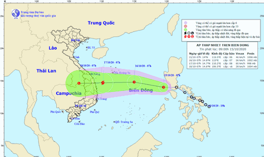 Vị trí và đường đi của áp thấp nhiệt đới trên Biển Đông. Ảnh: Trung tâm Dự báo KTTV Quốc gia.
