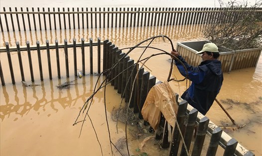 Cầu đi bộ bằng gỗ lim dọc sông Hương vẫn an toàn sau lũ dữ. Ảnh: Tường Minh