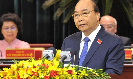 Ủy viên Bộ Chính trị, Thủ tướng Nguyễn Xuân Phúc phát biểu chỉ đạo Đại hội Đại biểu Đảng bộ TPHCM lần thứ XI. Ảnh BTC Đại hội cung cấp.