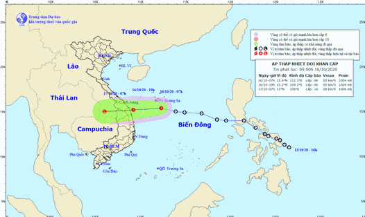 Vị trí và đường đi của áp thấp nhiệt đới. Ảnh: Trung tâm Dự báo KTTV Quốc gia.