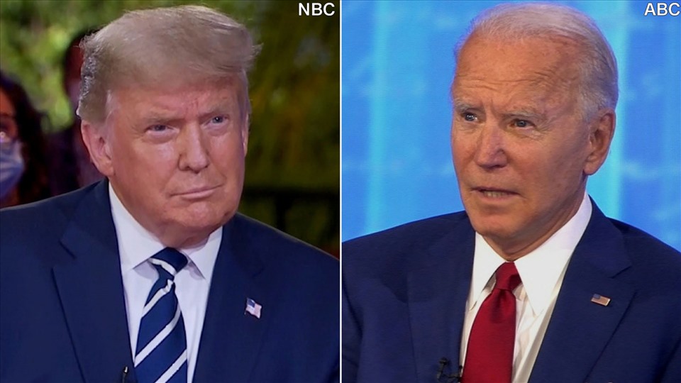 Hai ứng cử viên bầu cử Mỹ 2020 Donald Trump và Joe Biden có phiên hỏi đáp riêng rẽ tối 15.10 trên 2 kênh truyền hình khác nhau. Ảnh: CNN.