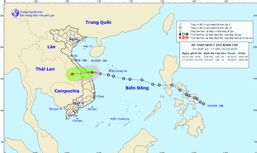 Vị trí và đường đi của áp thấp nhiệt đới. Ảnh: Trung tâm Dự báo KTTV Quốc gia.