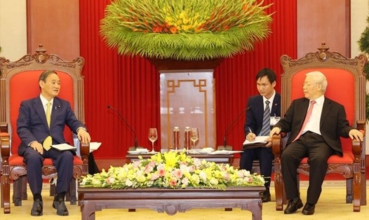 Tổng Bí thư, Chủ tịch Nước Nguyễn Phú Trọng tiếp Thủ tướng Nhật Bản Suga Yoshihide. Ảnh: TTXVN
