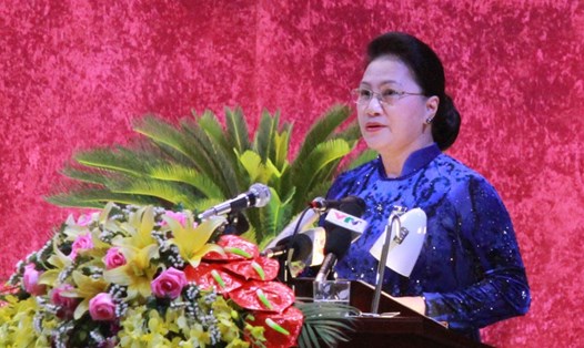 Chủ tịch Quốc hội Nguyễn Thị Kim Ngân phát biểu tại Đại hội. Ảnh Báo Hoà Bình