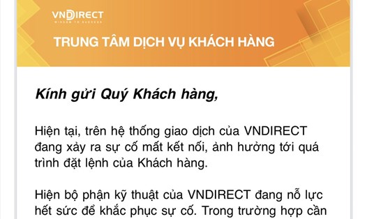 Email thông báo sự cố của VNDirect gửi cho khách hàng. Ảnh chụp màn hình