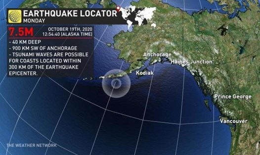 Trận động đất mạnh 7,5 độ richter xảy ra ở ngoài khơi bờ biển Alaska, Mỹ. Ảnh: Weather Network