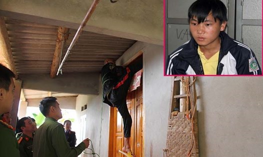 Thực nghiệm hiện trường đối tượng thực hiện lại hành vi trèo vào nhà nạn nhân bằng ô thoáng cửa. Ảnh: Quỳnh Trang – Lê Nam
