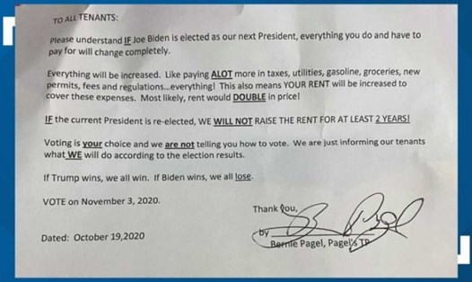 Bức thư từ chủ nhà thông báo tăng tiền thuê nhà lên gấp đôi nếu ông Biden đắc cử Tổng thống Mỹ. Ảnh: 9News